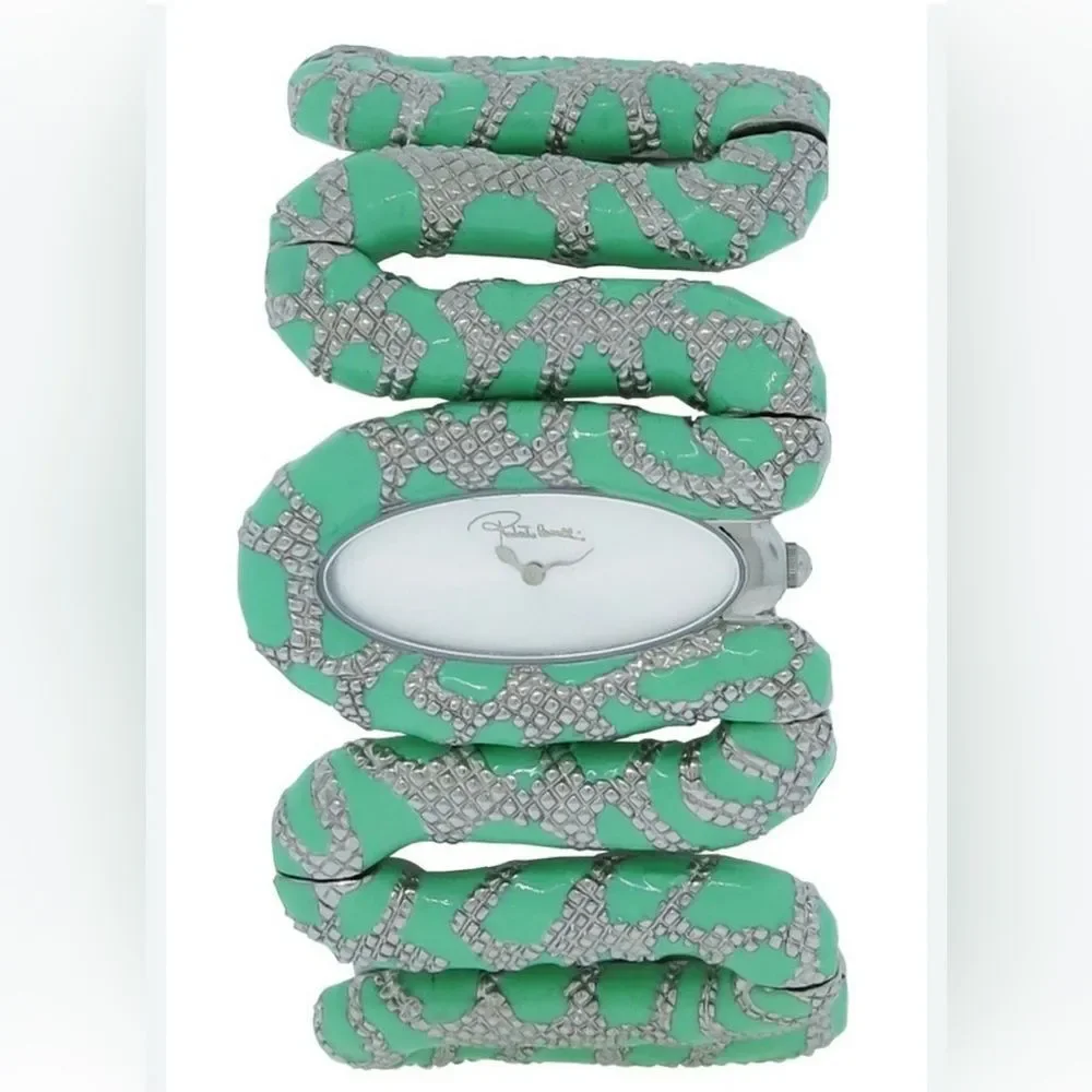 NEW Roberto Cavalli Mint Green Cleopatra Snake Enamel Silver Oval Dial Watch